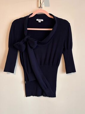 Moschino 100% Cotton Navy Knit Top with Self-Tie Side Bow, Size 12